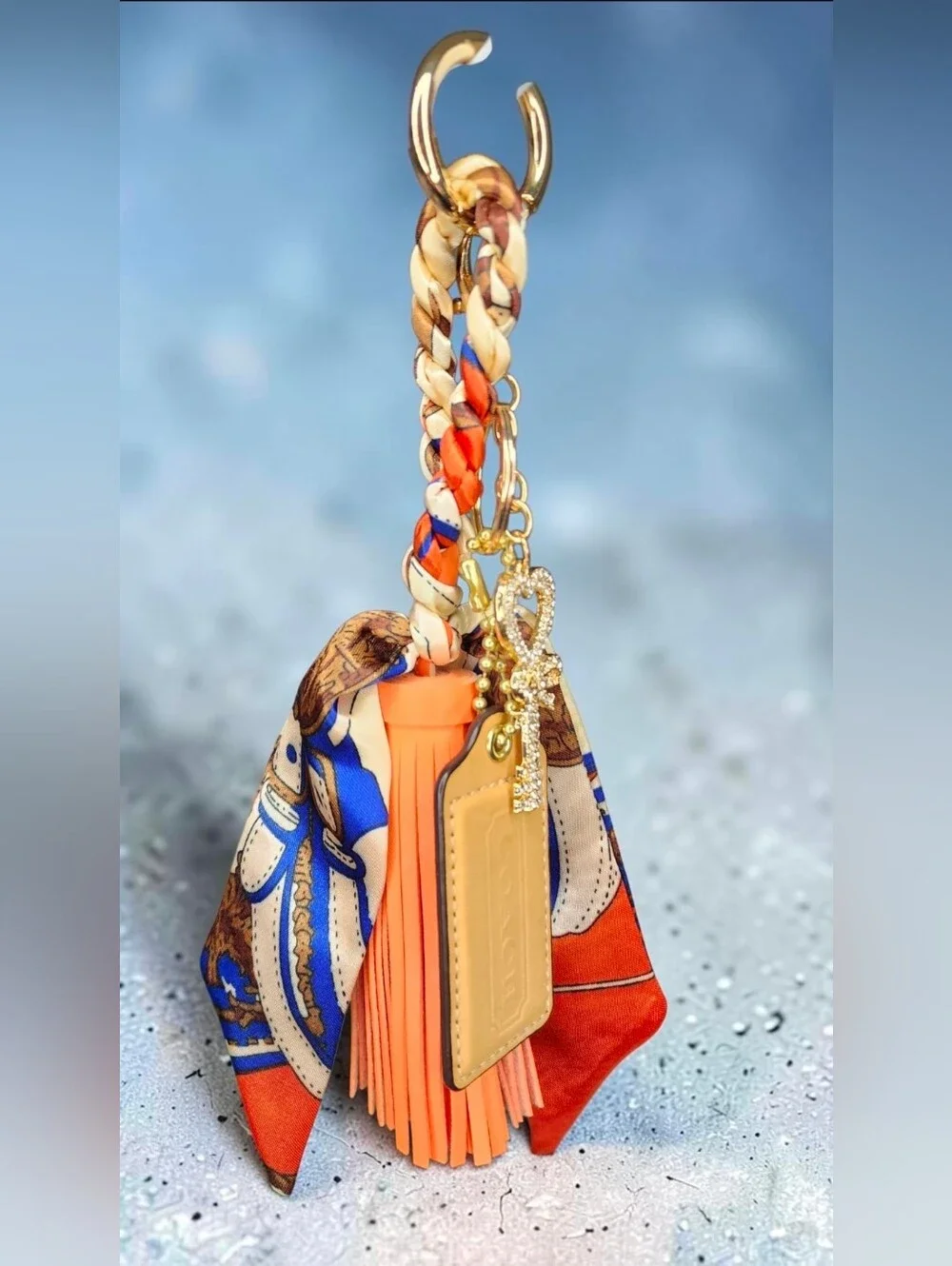Coach Orange & Blue Scarf Tassel Keychain with Crystal Key & Heart Charm